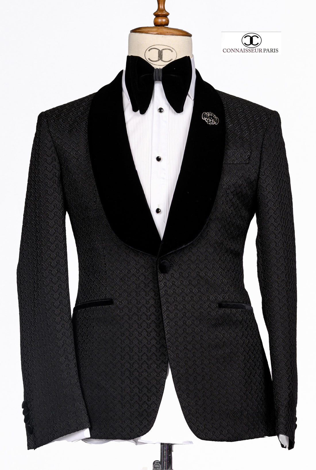 Lanificio Connaisseur - Black Geometric pattern jacquard velvet shawl lapel 2-piece sim fit tuxedo