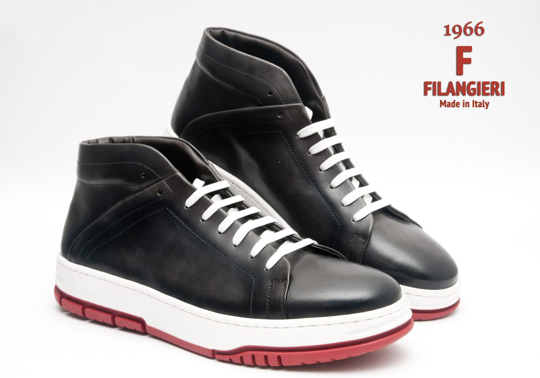 Filangieri - Black ankle high leather upper with white/burgundy bottom dress sneakers