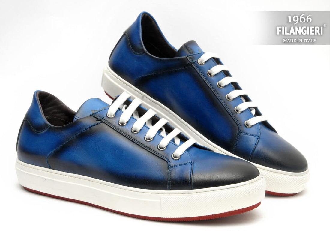 Filangieri - Blue leather upper with white/burgundy bottom dress sneakers
