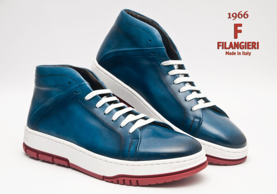 Filangieri - Blue ankle high leather upper with white/burgundy bottom dress sneakers