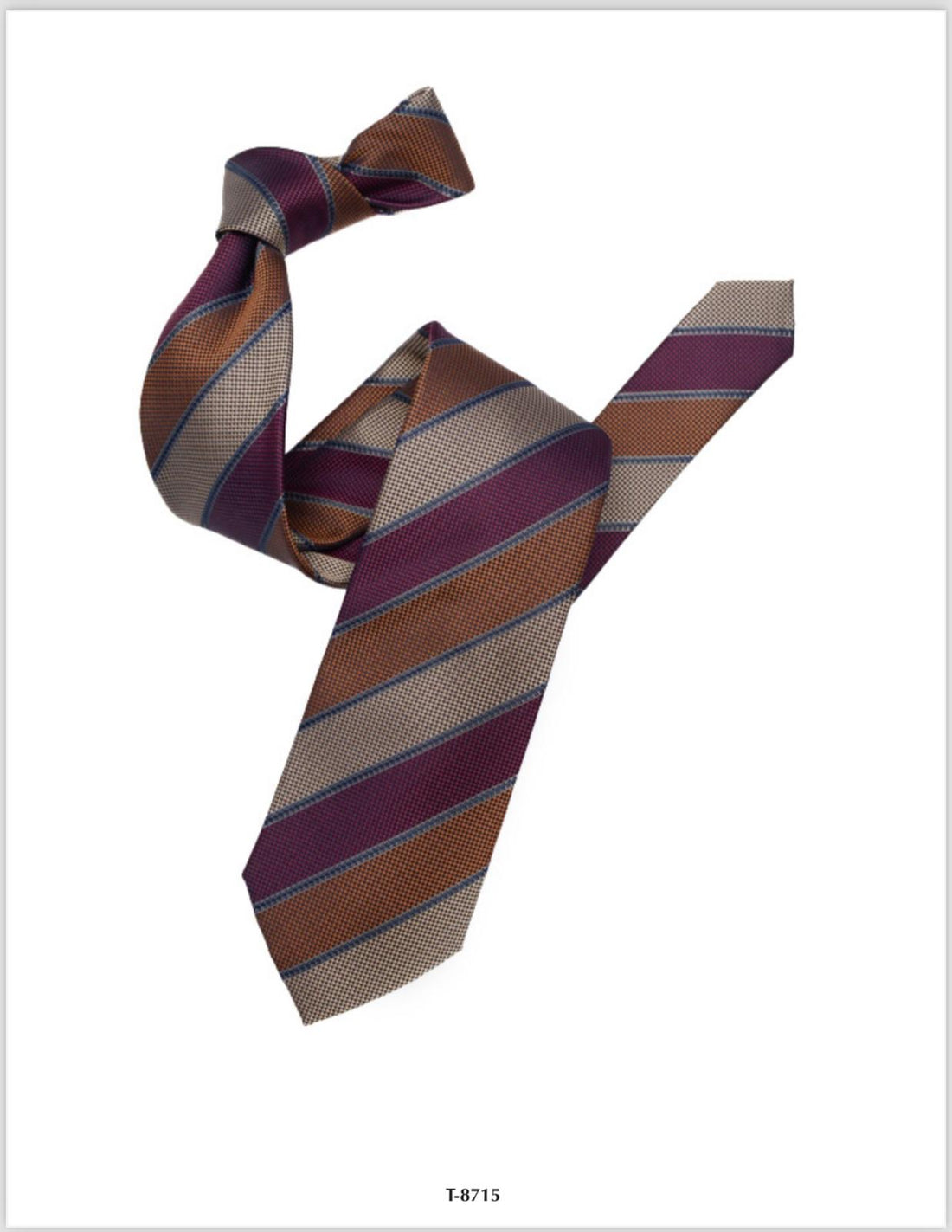SILK NECK TIE COPPERY BROWN W/PURPLE, LAVENDER, SILVER STRIPES