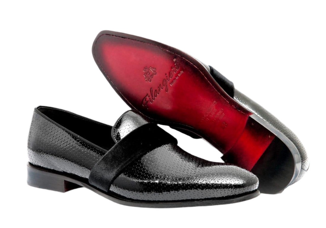 Filangieri - Black patent leather with velvet detail wrap dress loafer
