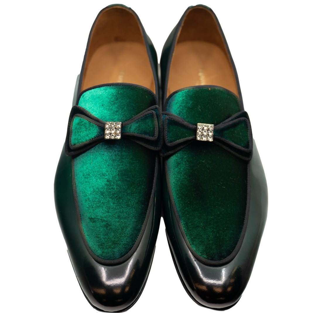 Connaisseur - Green patent leather with green velvet upper and bow tie detail on instep dress loafer