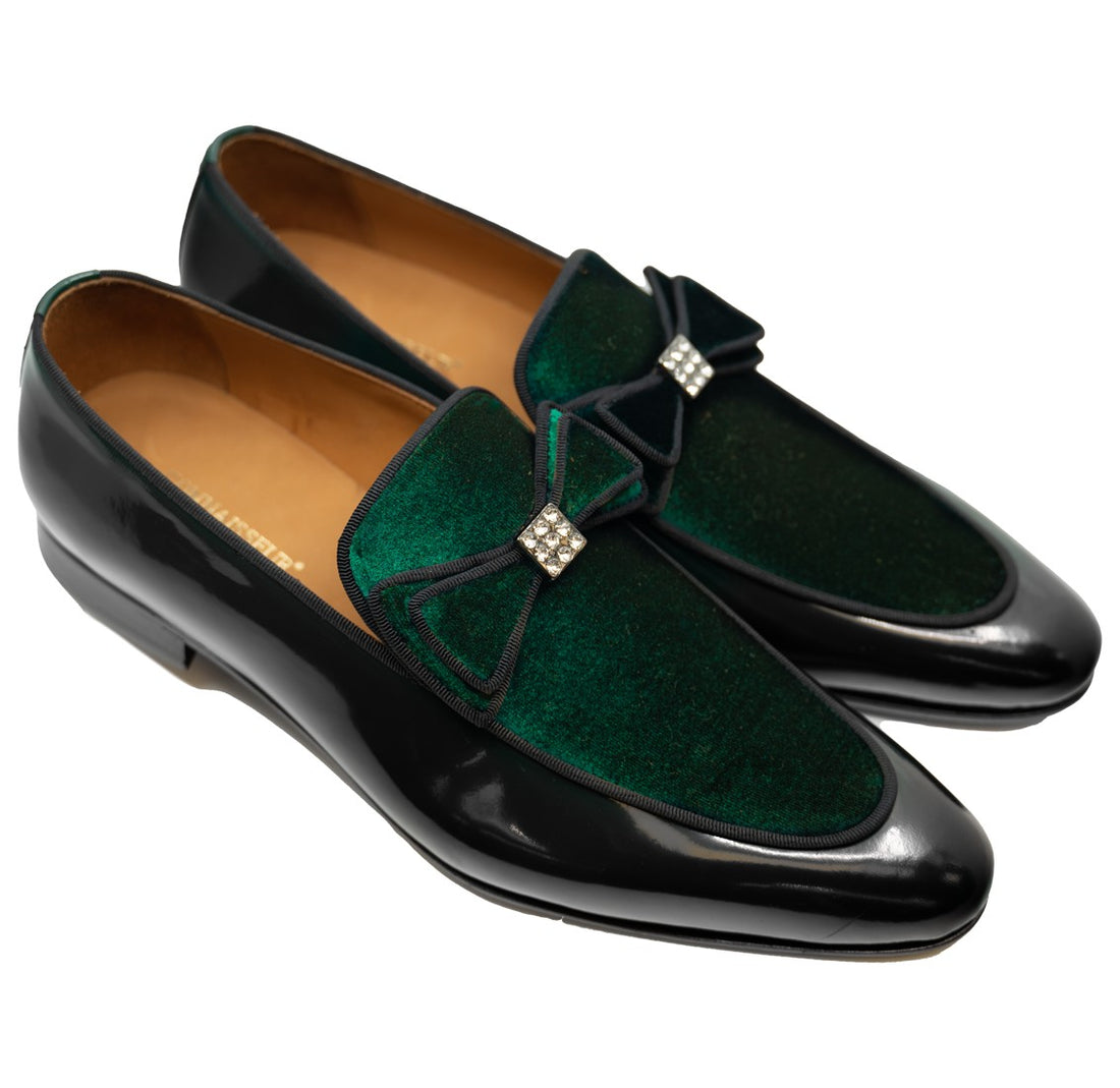 Connaisseur - Green patent leather with green velvet upper and bow tie detail on instep dress loafer