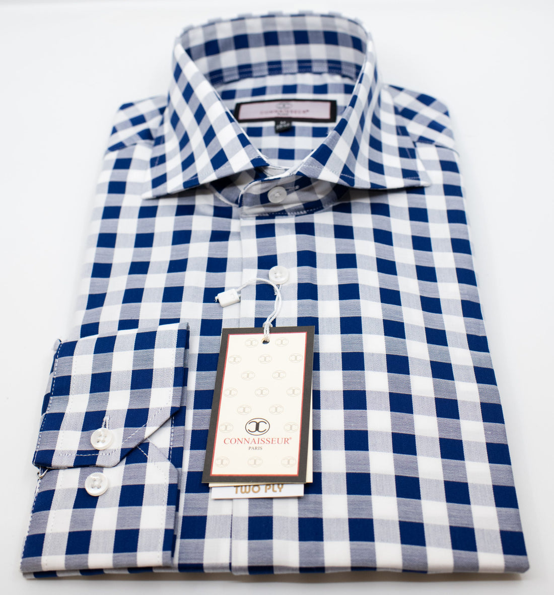 Navy blue and white Gingham check spread collar two ply cotton slim fit dress shirt