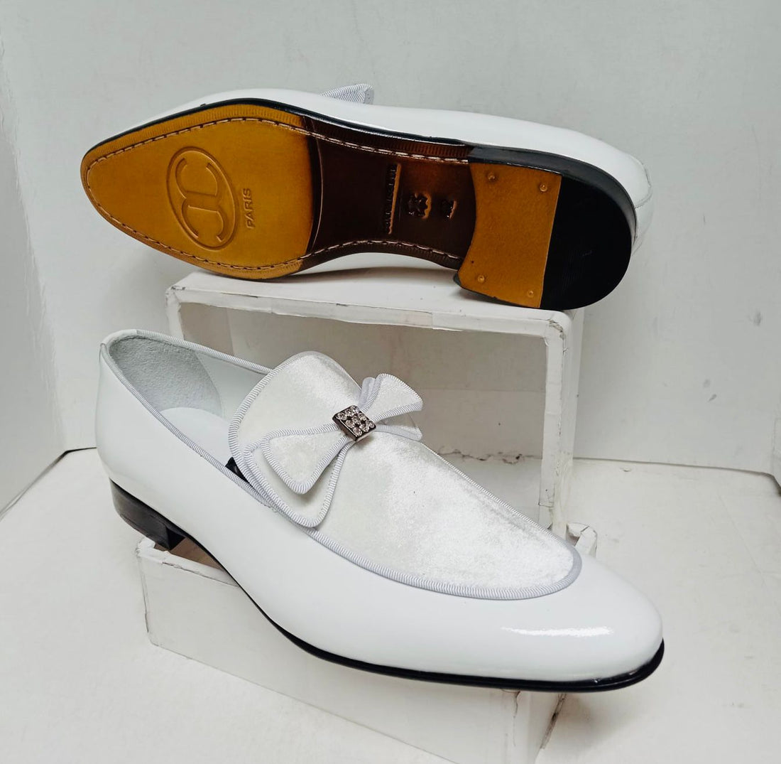 Connaisseur - White patent leather with white velvet upper and bow tie detail on instep dress loafer