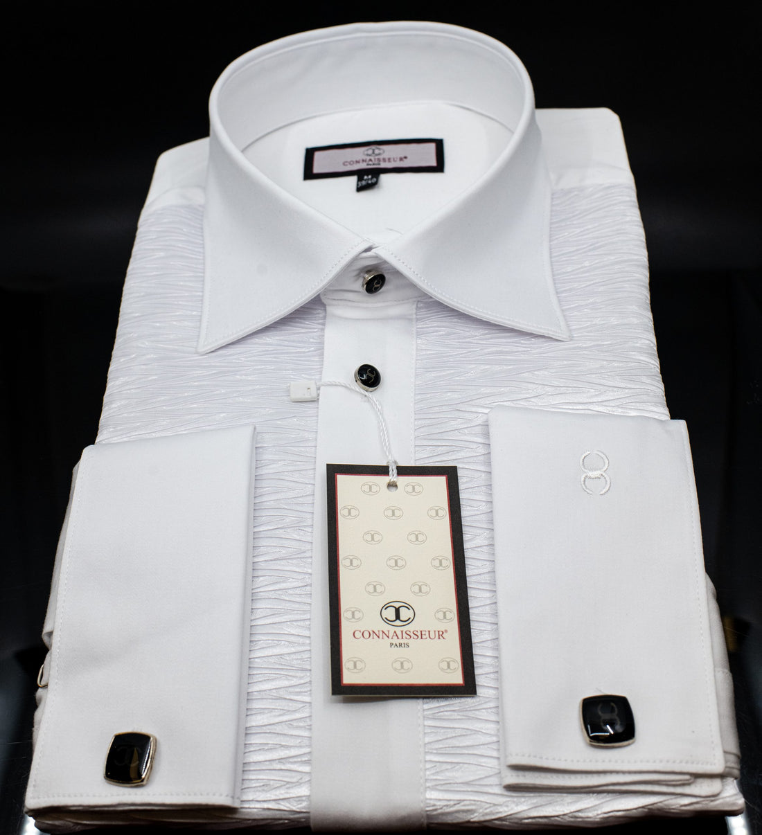 Connaisseur - White ceremonial horizontal chest pleats with black stones slim fit dress shirt