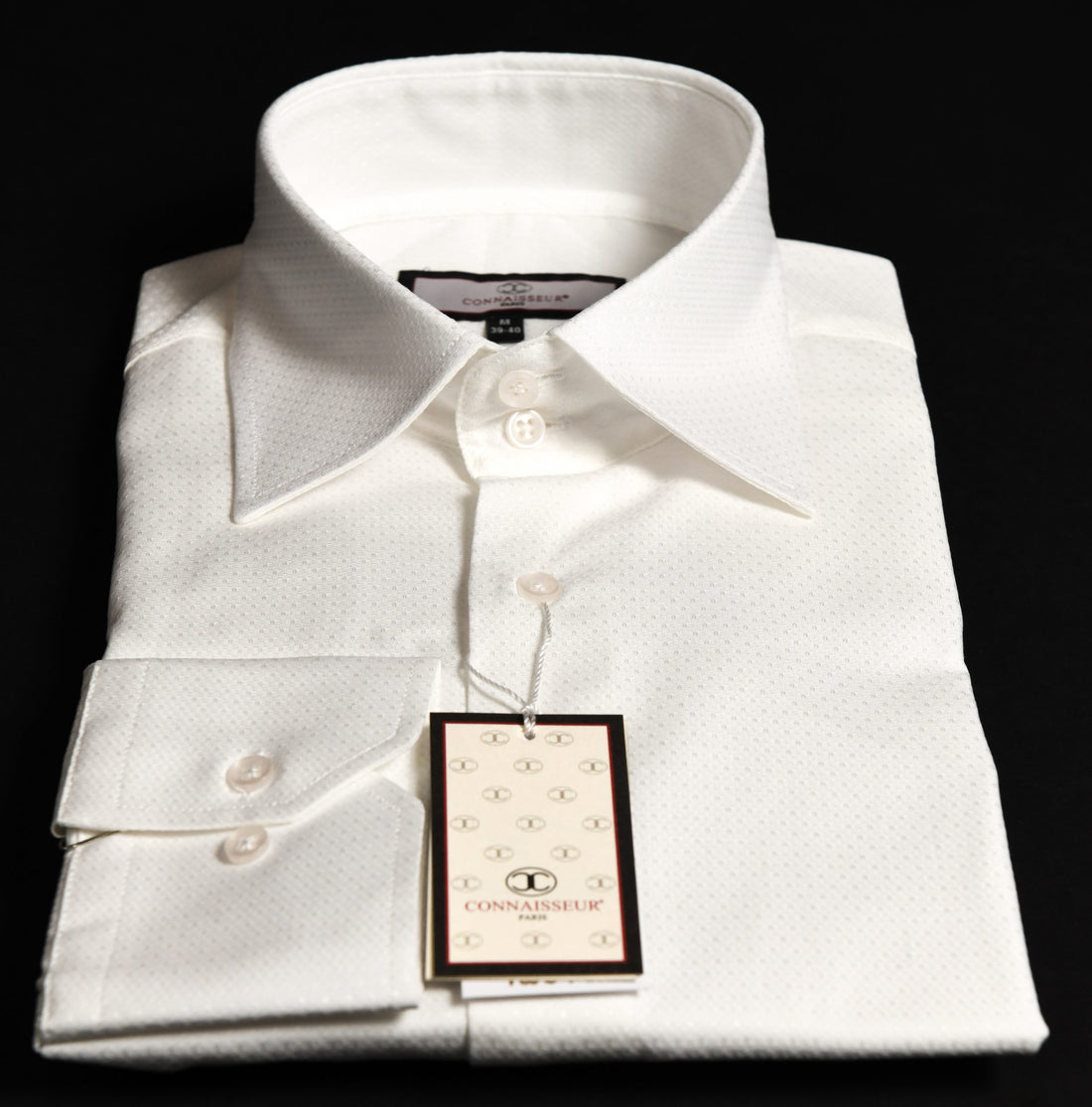 Connaisseur - White with stripes texture slim fit Dress Shirt with classic collar and black buttons