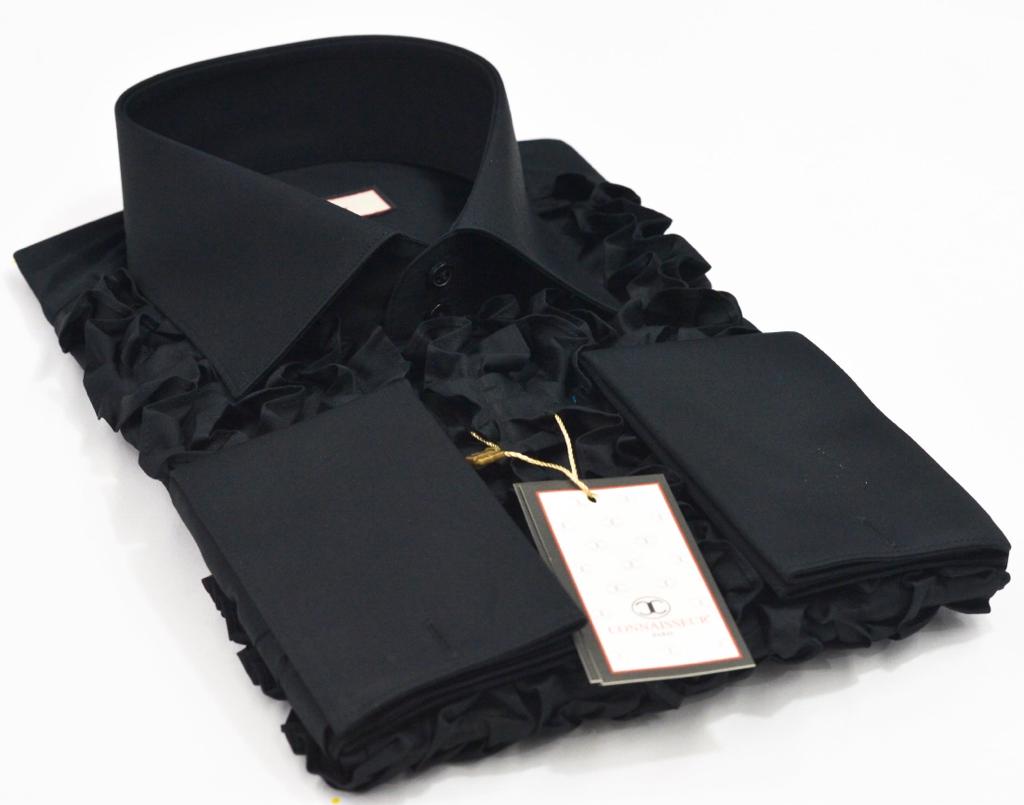 Black chest full ruffle slim fit dress shirt with French cuffs
