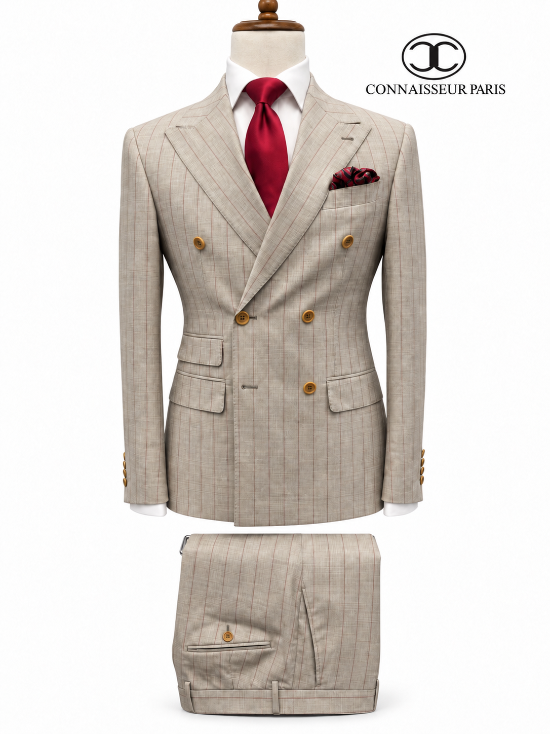 Vitale Barberis - Cream with Burgundy pin stripes Double Breasted Slim Fit 2-Piece Suit with wide lapel