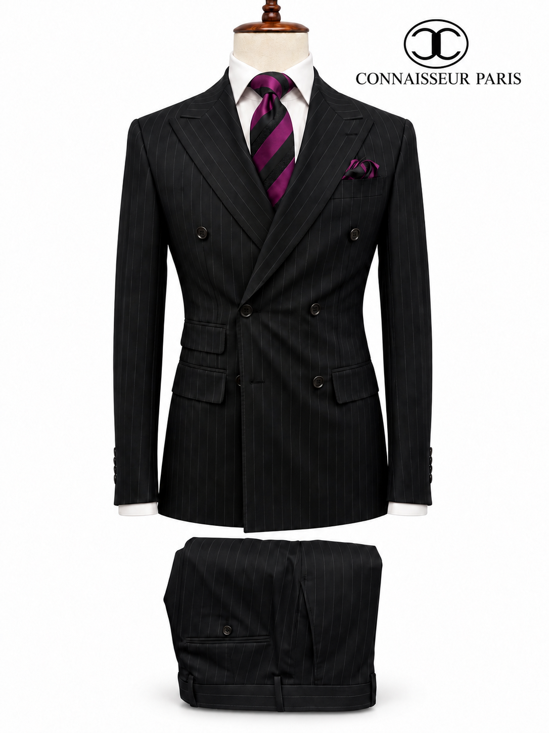Lanificio Connaisseur - Black with grey pin stripes Double Breasted Slim Fit 2-Piece Suit with wide lapel