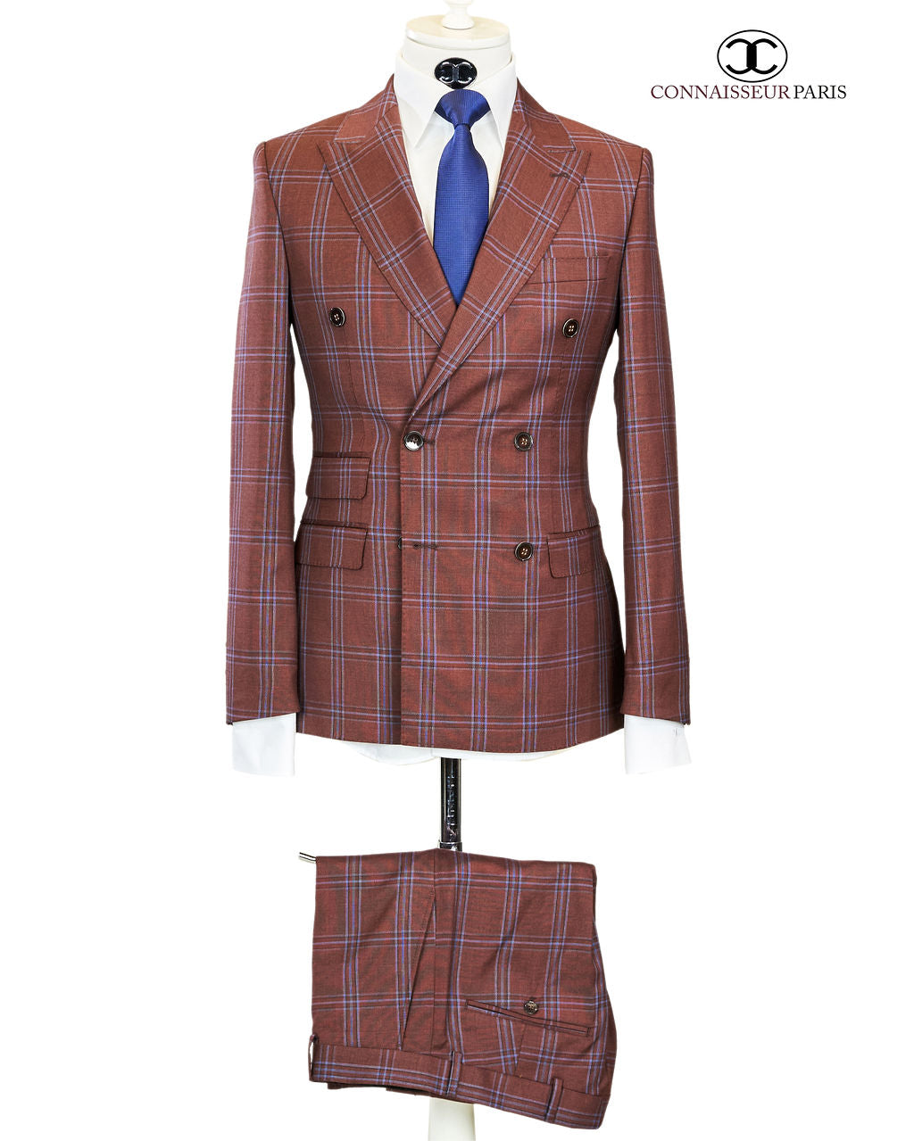 Cerutti - Dark brown with blue plaid double breasted 2-piece slim fit suit