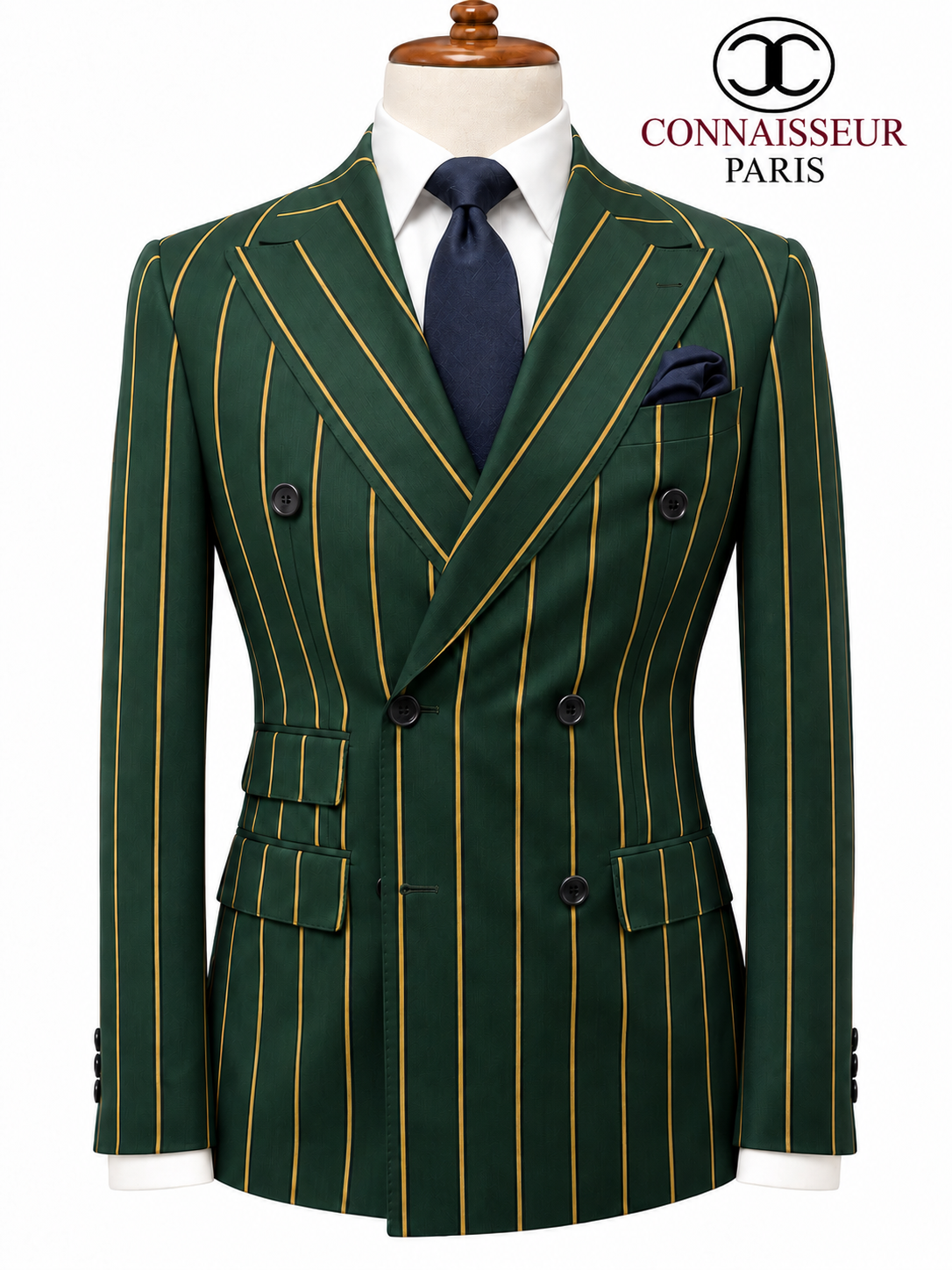 Vitale Barberis - Dark Green with yellow stripe Double Breasted Slim Fit 2-Piece Suit with wide lapel