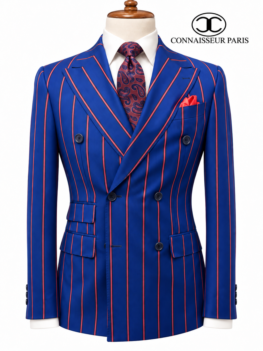 Vitale Barberis - Royal Blue with salmon stripes Double Breasted Slim Fit 2-Piece Suit with wide lapel