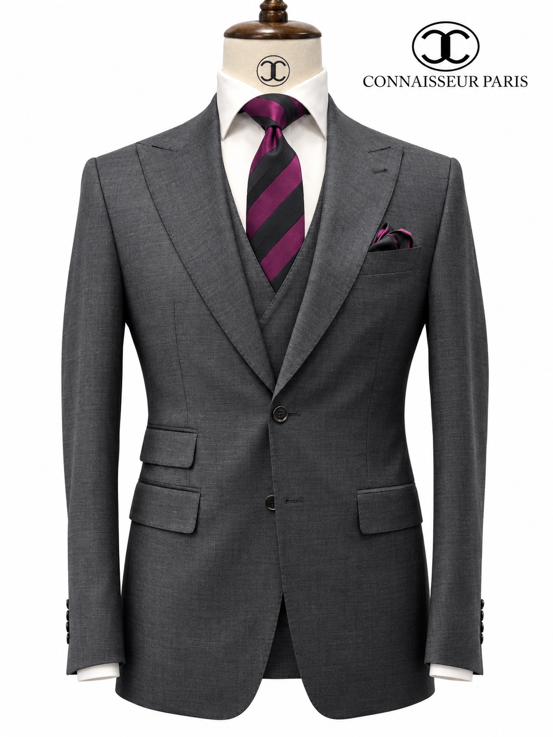 Lanificio Connaisseur - Charcoal grey 3-piece slim fit suit with double breasted V vest