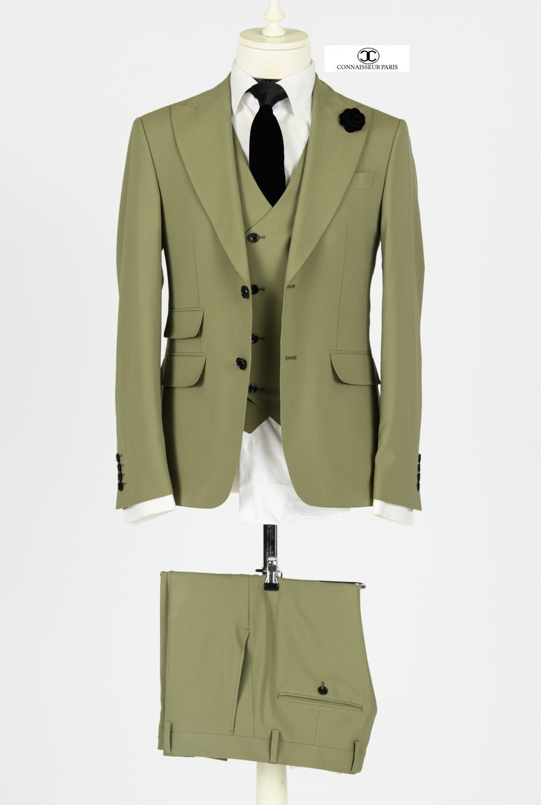 Lanificio Connaisseur - Olive Green 3-piece slim fit suit with double breasted vest