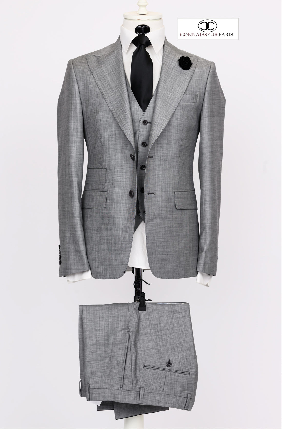 Connaisseur - Light grey filafil 3-piece slim fit suit with V vest