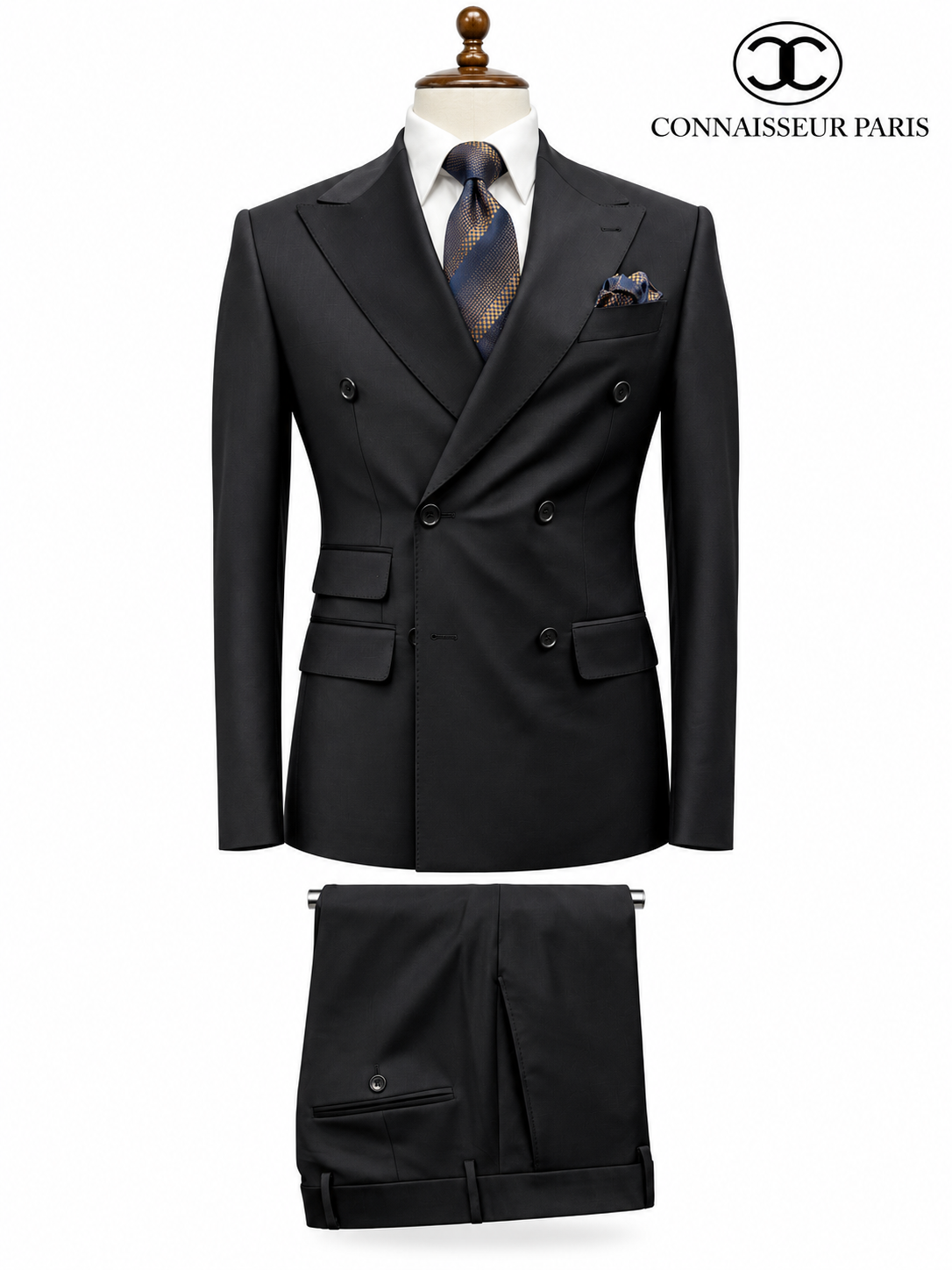 Lanificio Connaisseur - Black Classic Double Breasted Slim Fit 2-Piece Suit with wide lapel