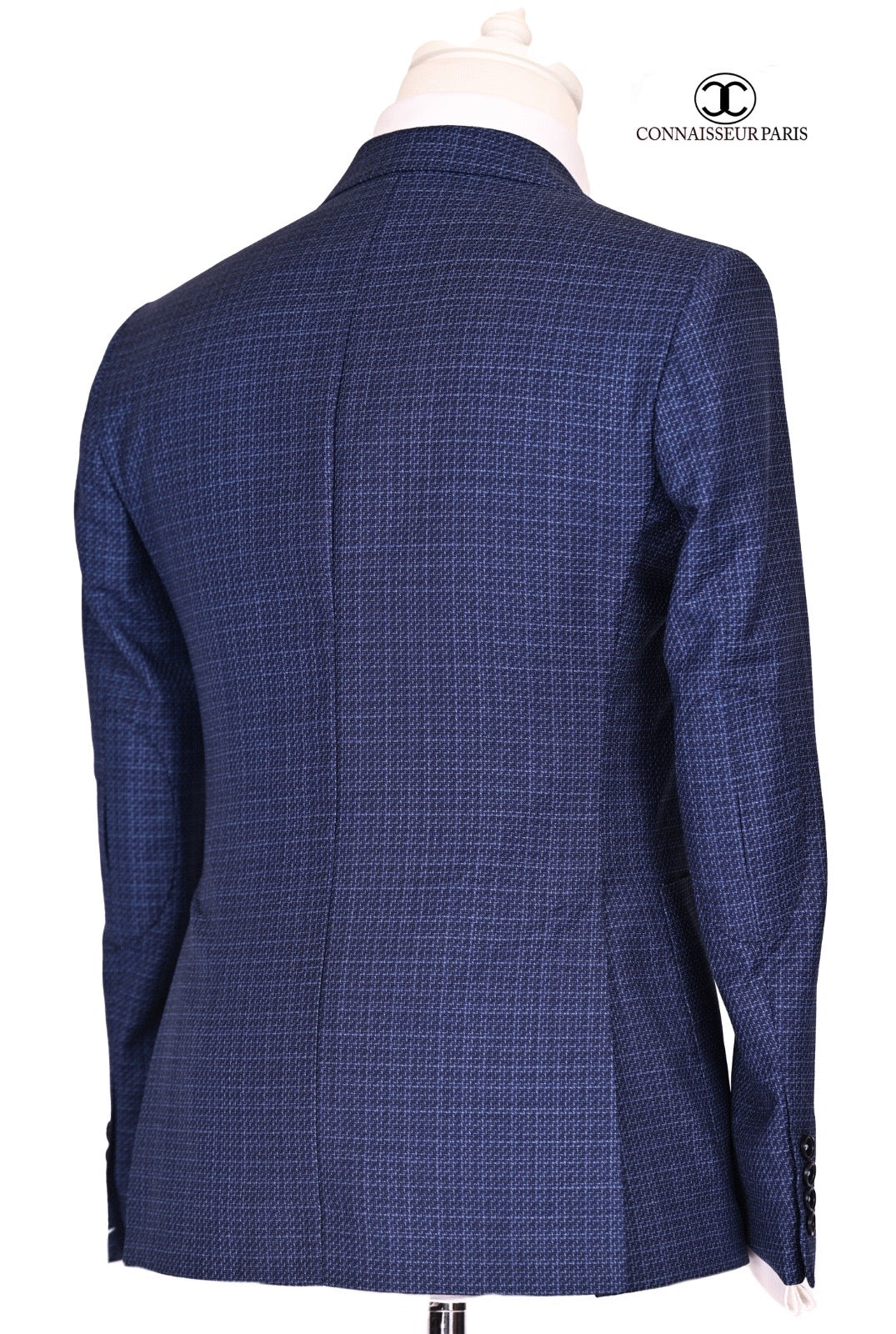 Lanificio Connaisseur - Navy Blue with light blue tweed pattern slim fit blazer with patch pockets and elbow patch