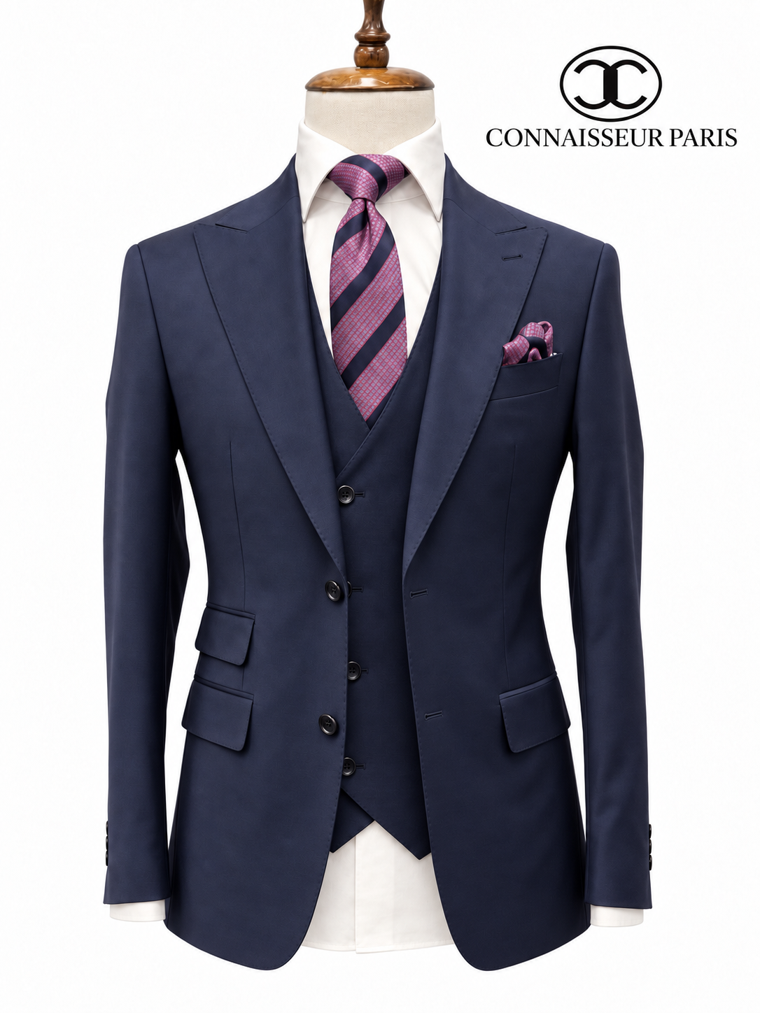 Lanificio Connaisseur - Navy Blue 3-piece slim fit suit with double breasted V vest
