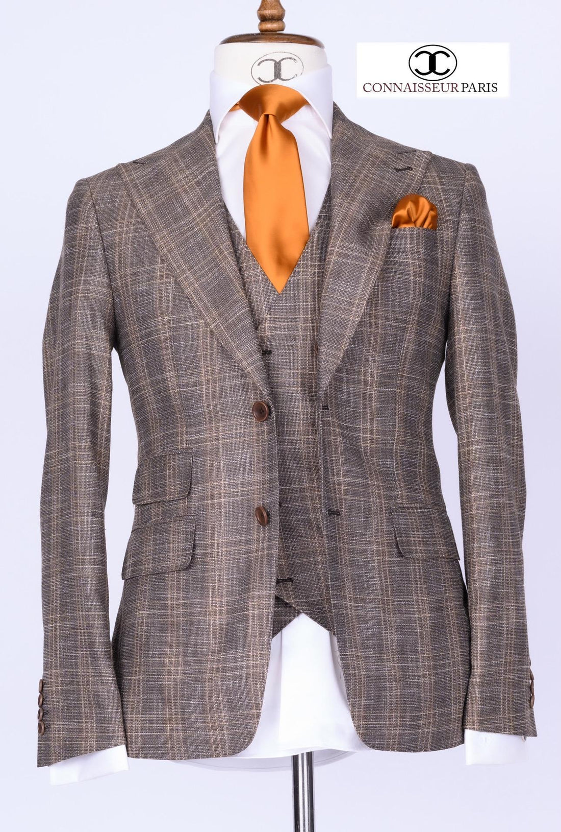 Lanificio Connaisseur - Brown with gold plaid 3-piece slim fit suit with double breasted V vest