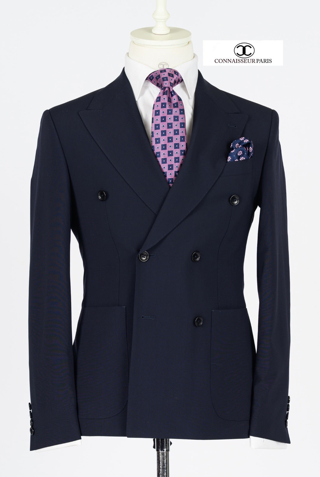Lanificio Connaisseur - Dark Navy Blue double breasted slim fit 2-piece suit with patch pockets and wide lapel
