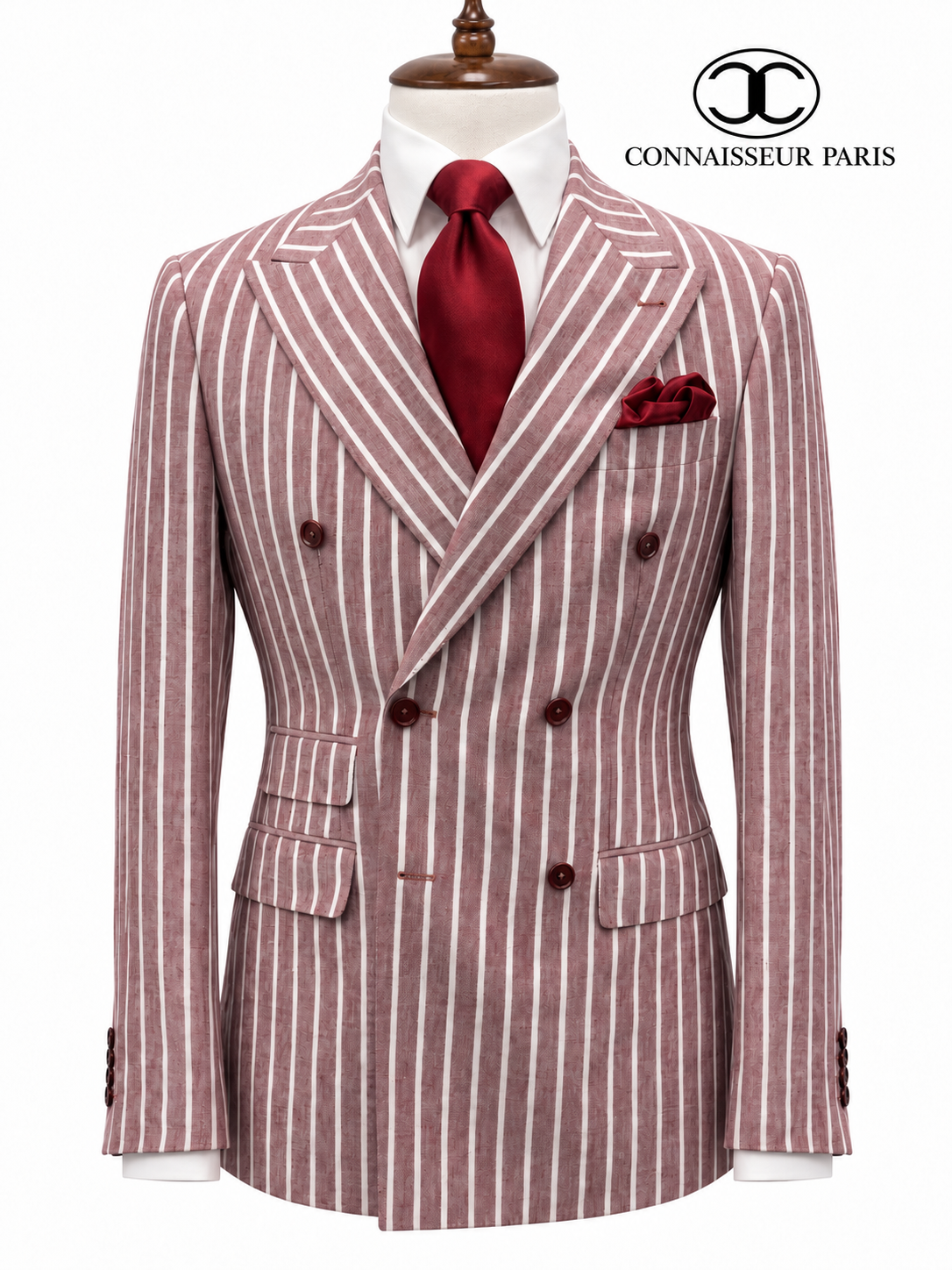 Vitale Barberis - Burgundy with white pin stripes Double Breasted Slim Fit 2-Piece Suit with wide lapel