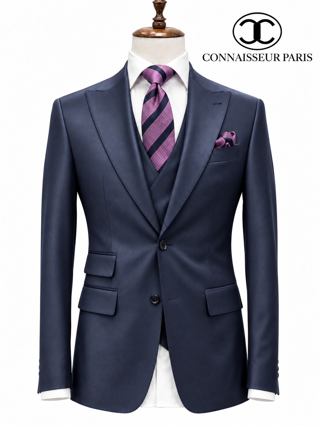 Lanificio Connaisseur - Navy Blue 3-piece slim fit suit with double breasted V vest