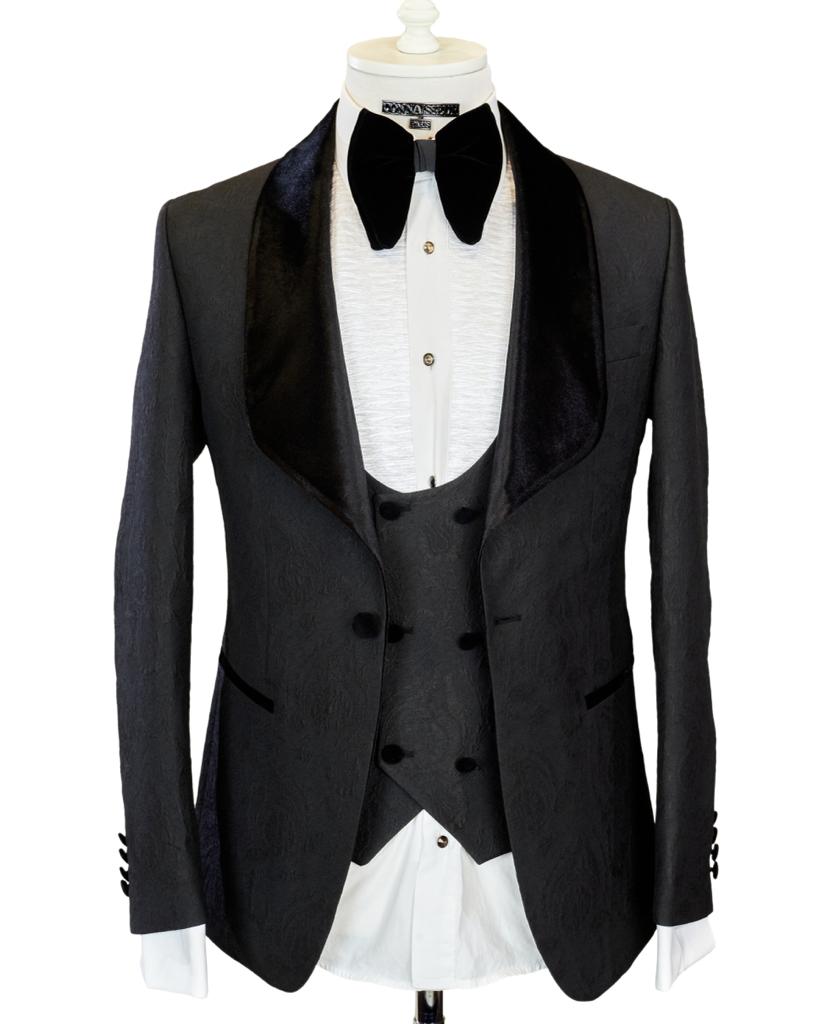 Connaisser - Black Damask Pattern Slim Fit Tuxedo with Velvet Shawl Lapel and Double Breasted U Vest