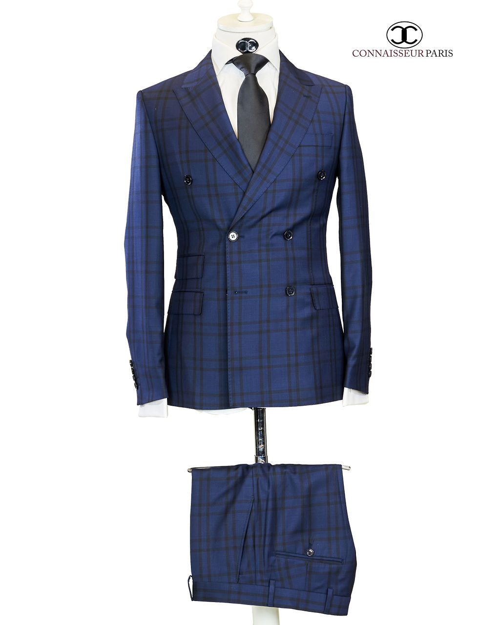 Vitale Barberis - Navy blue with black plaid double breasted 2-piece slim fit suit