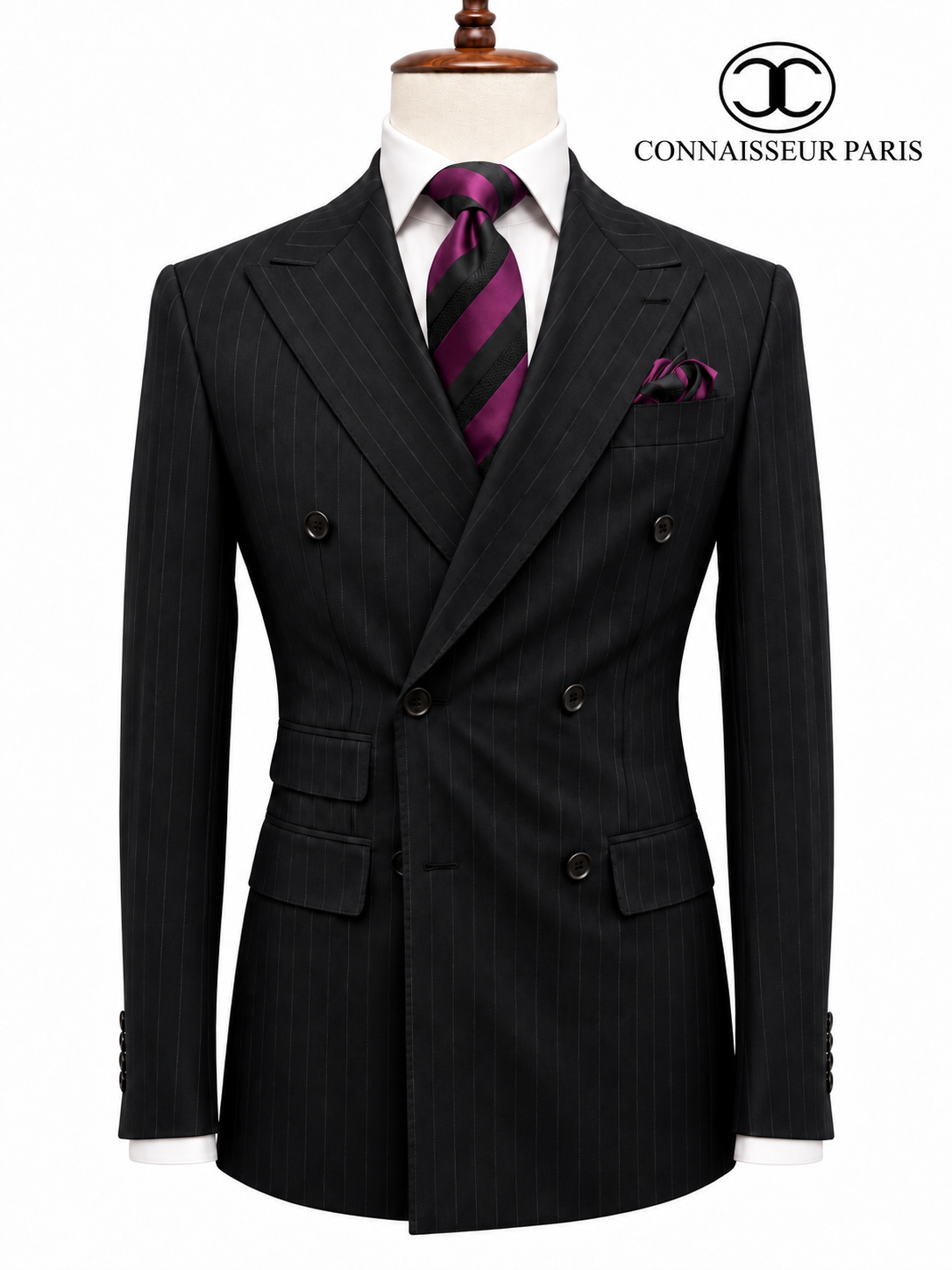 Lanificio Connaisseur - Black with grey pin stripes Double Breasted Slim Fit 2-Piece Suit with wide lapel