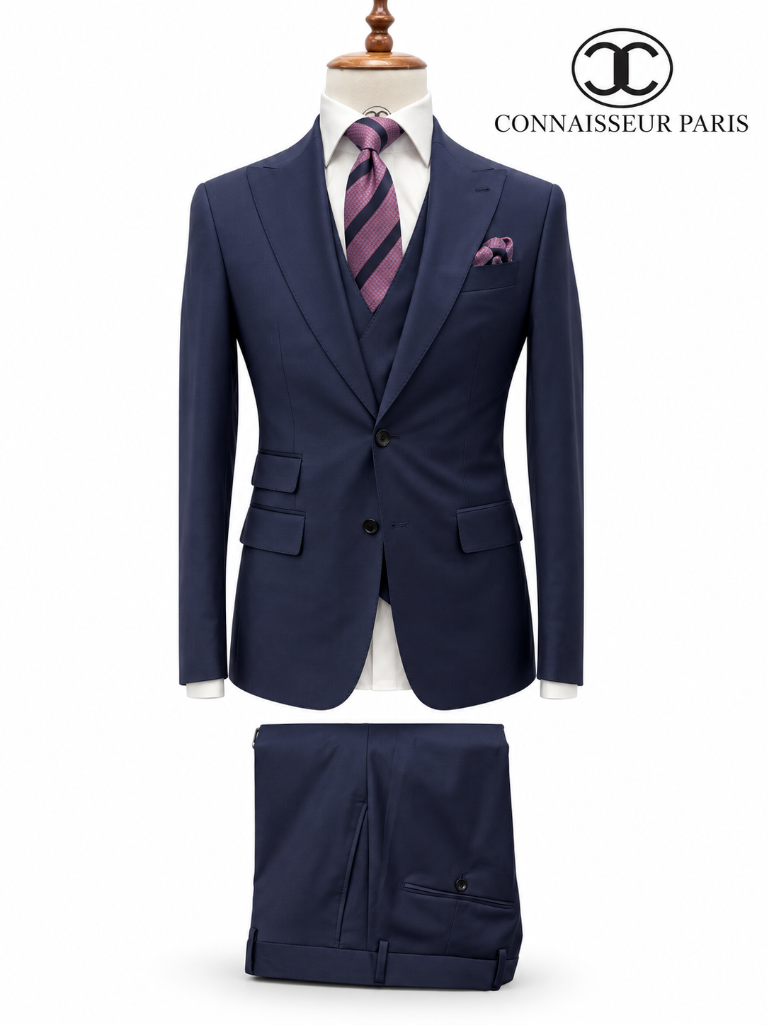 Lanificio Connaisseur - Navy Blue 3-piece slim fit suit with double breasted V vest