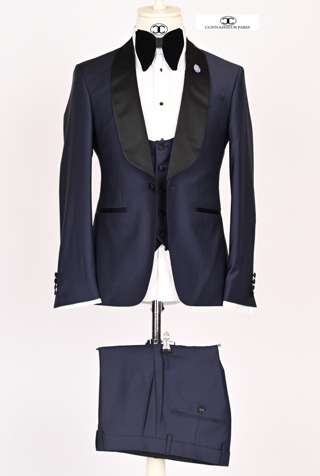 Lanificio Connaisseur  - Navy Blue Classic shawl lapel 3-piece sim fit tuxedo with U vest