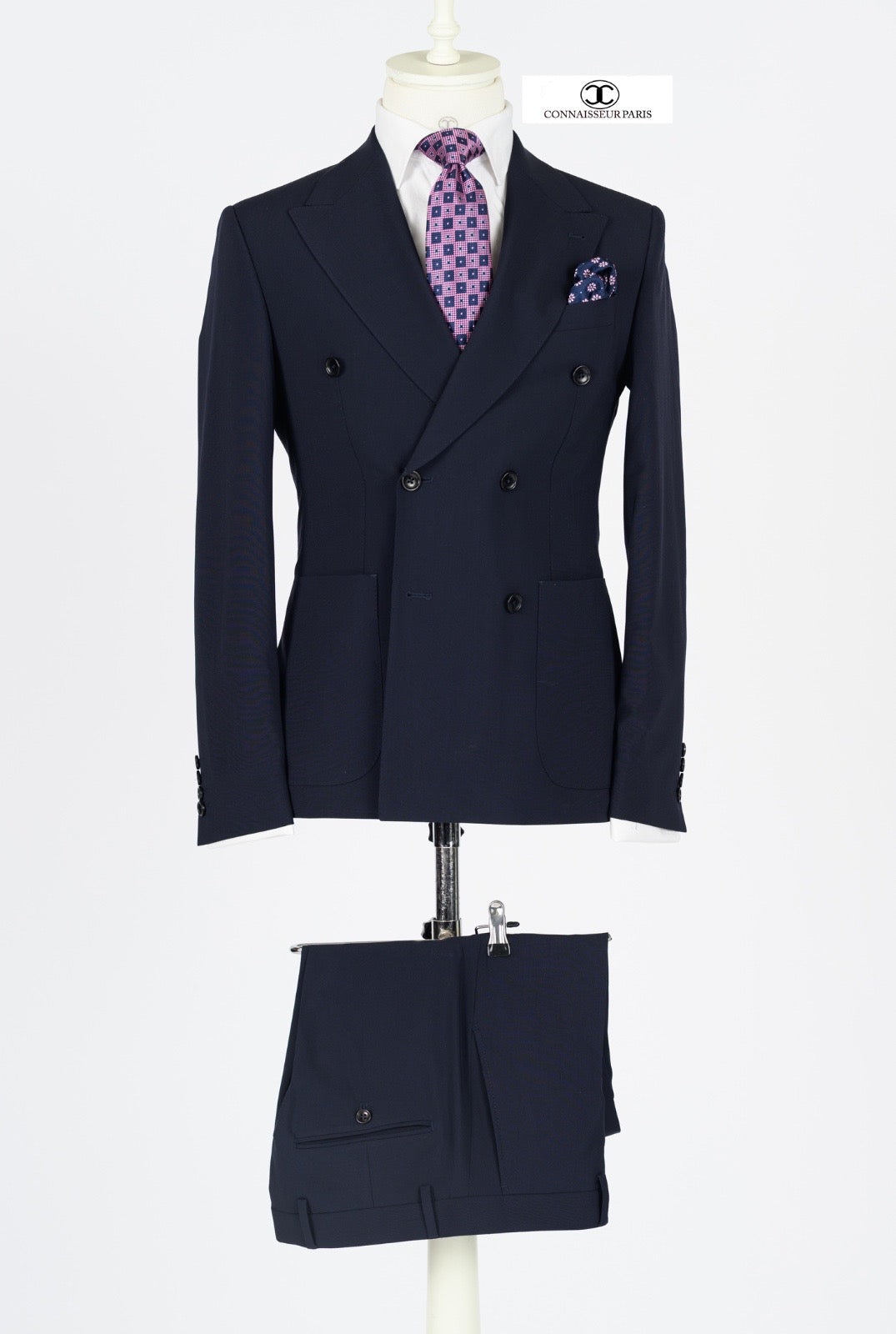 Lanificio Connaisseur - Dark Navy Blue double breasted slim fit 2-piece suit with patch pockets and wide lapel
