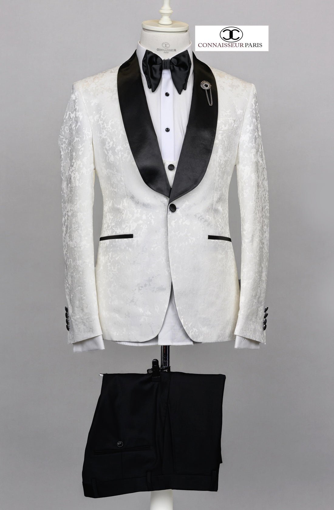 Connaisseur - Ivory off white camo pattern 3-piece slim fit tuxedo with U vest