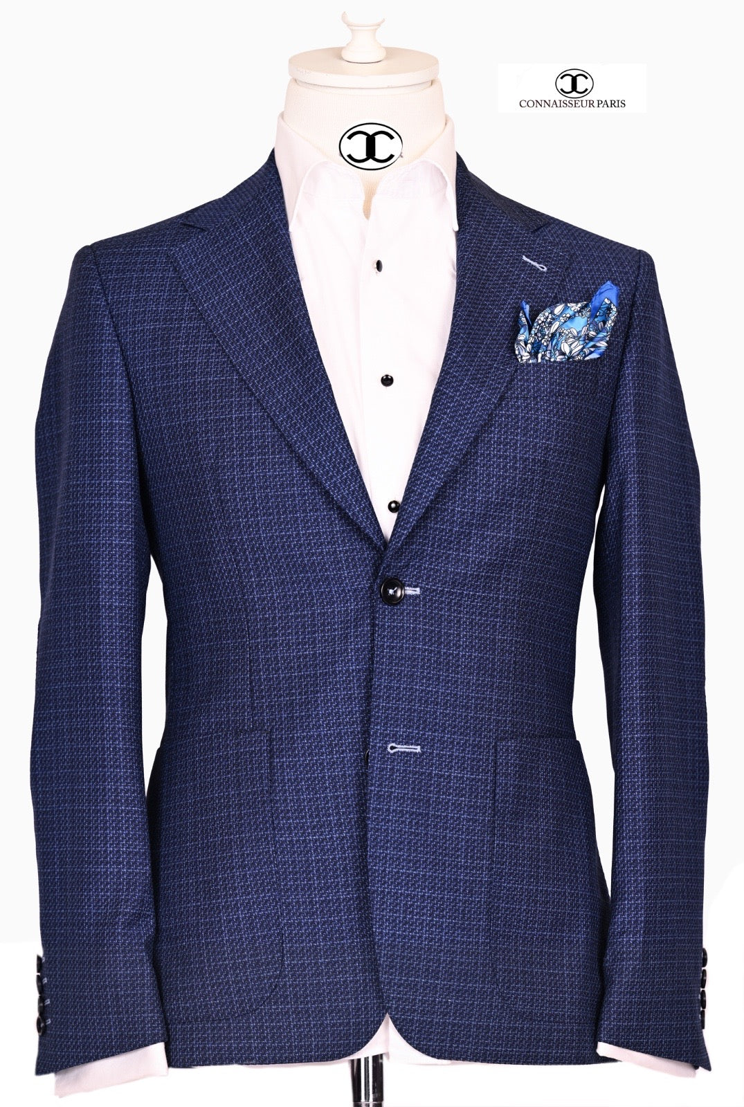 Lanificio Connaisseur - Navy Blue with light blue tweed pattern slim fit blazer with patch pockets and elbow patch