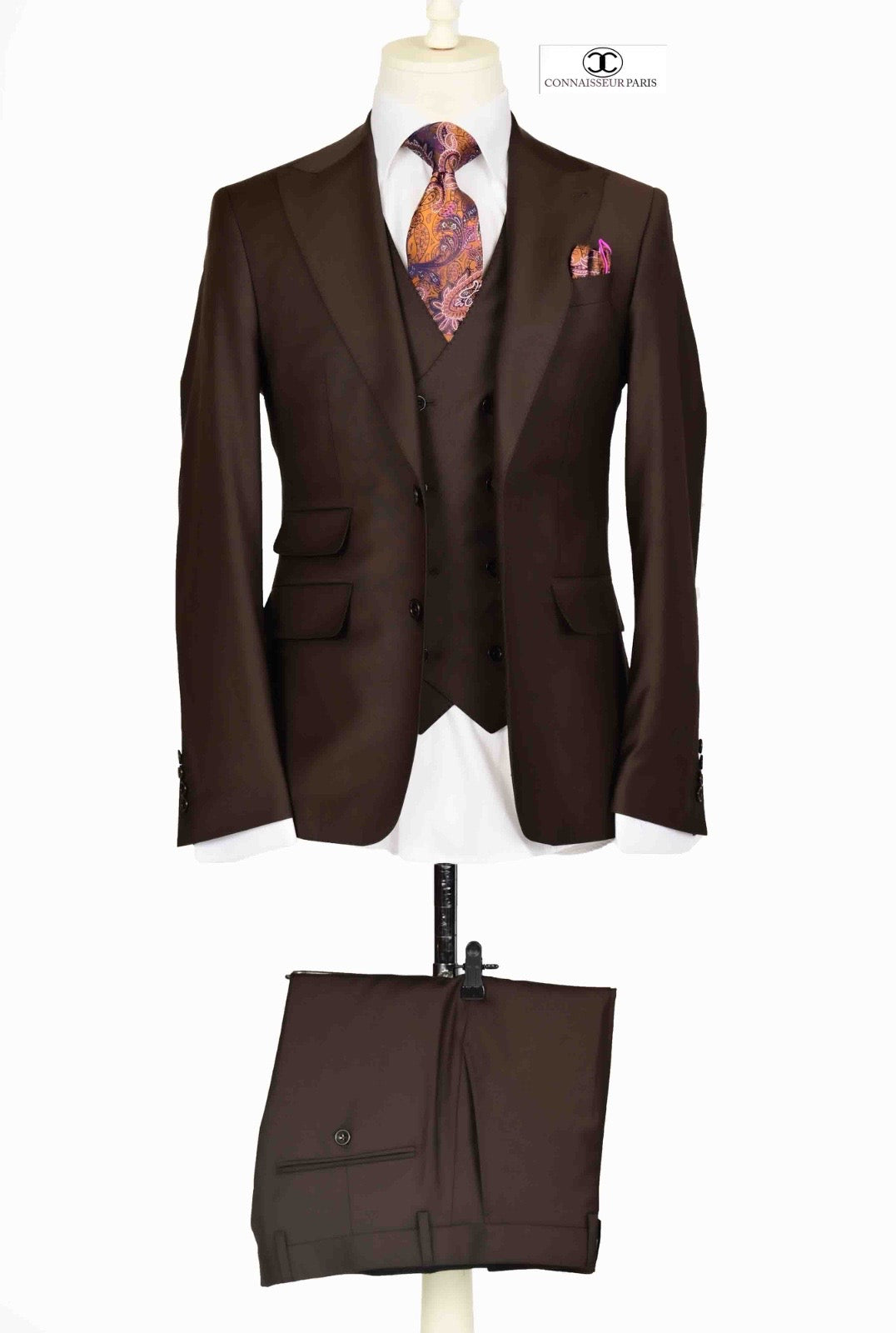 Lanificio Connaisseur - Chocolate Brown 3-piece slim fit suit with double breasted vest