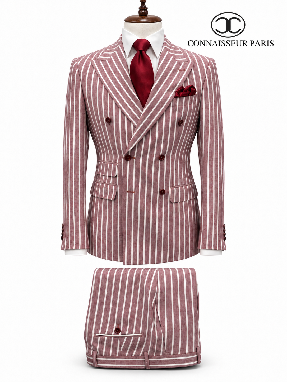 Vitale Barberis - Burgundy with white pin stripes Double Breasted Slim Fit 2-Piece Suit with wide lapel