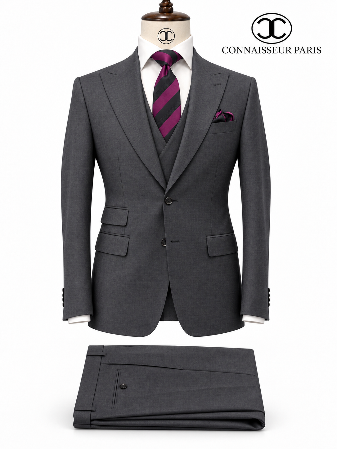 Lanificio Connaisseur - Charcoal grey 3-piece slim fit suit with double breasted V vest