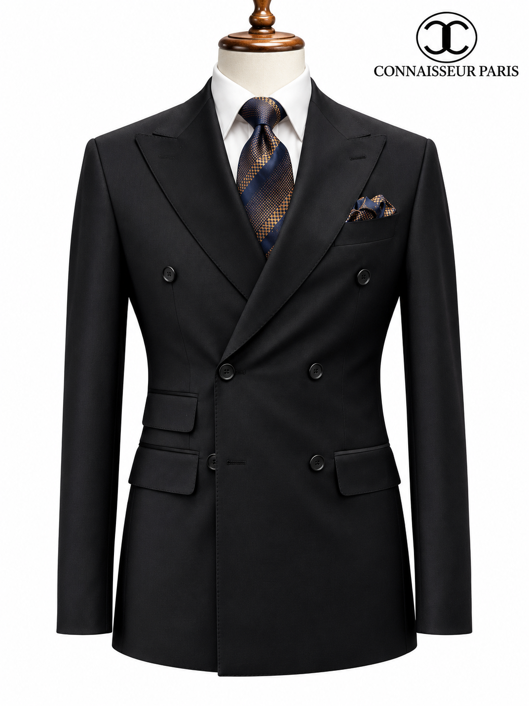 Lanificio Connaisseur - Black Classic Double Breasted Slim Fit 2-Piece Suit with wide lapel