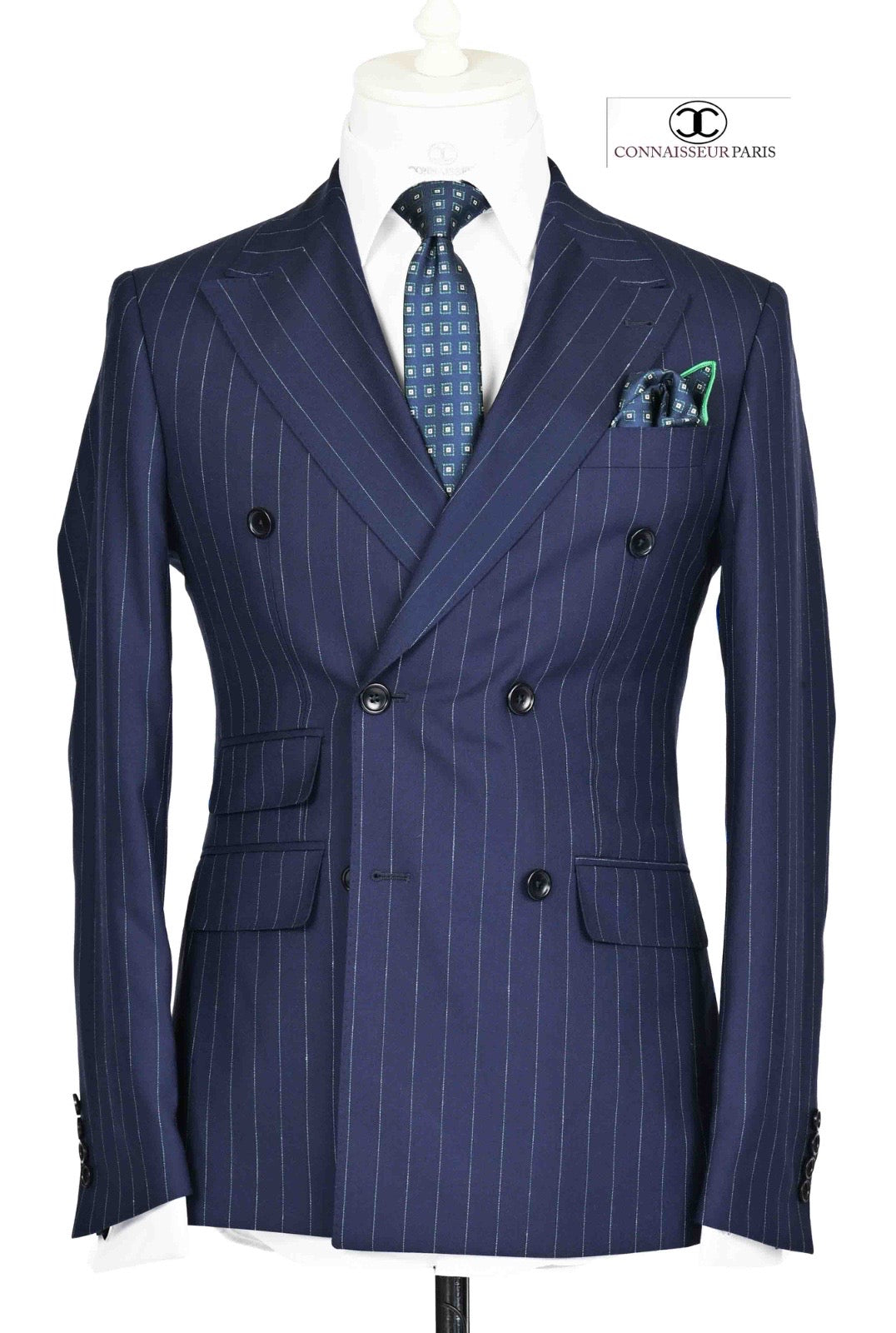 Vitale Barberis - Navy Blue with Turquoise pinstriped double breasted slim fit 2-piece suit with wide lapel