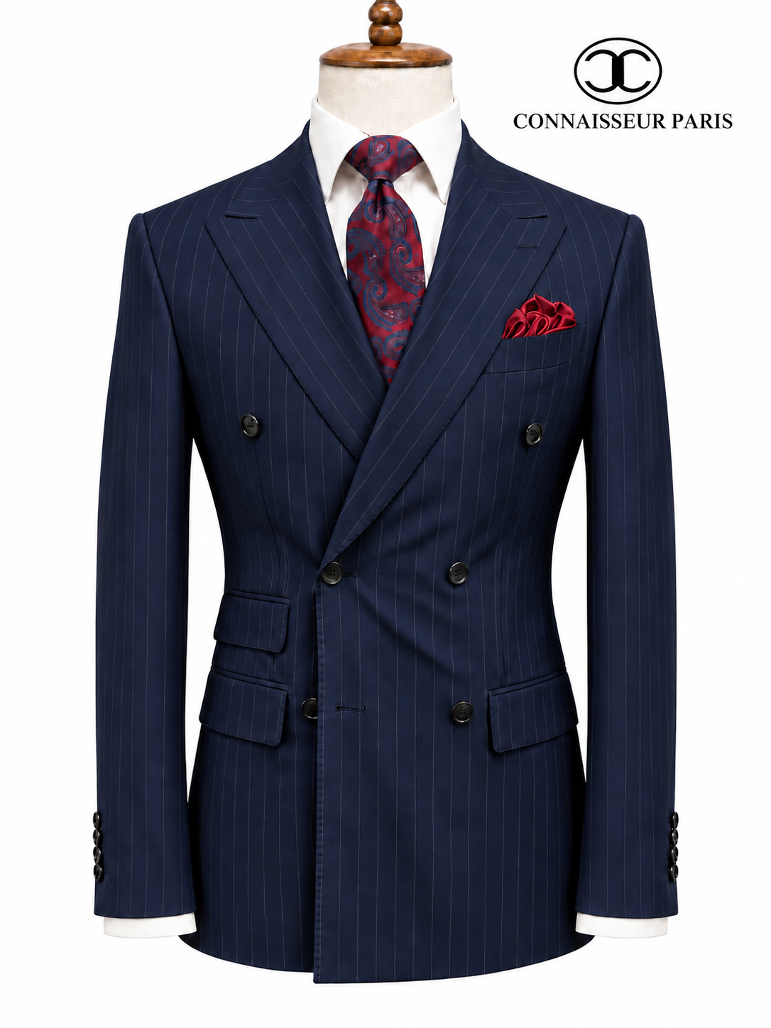 Lanificio Connaisseur - Navy Blue with grey pin stripes Double Breasted Slim Fit 2-Piece Suit with wide lapel