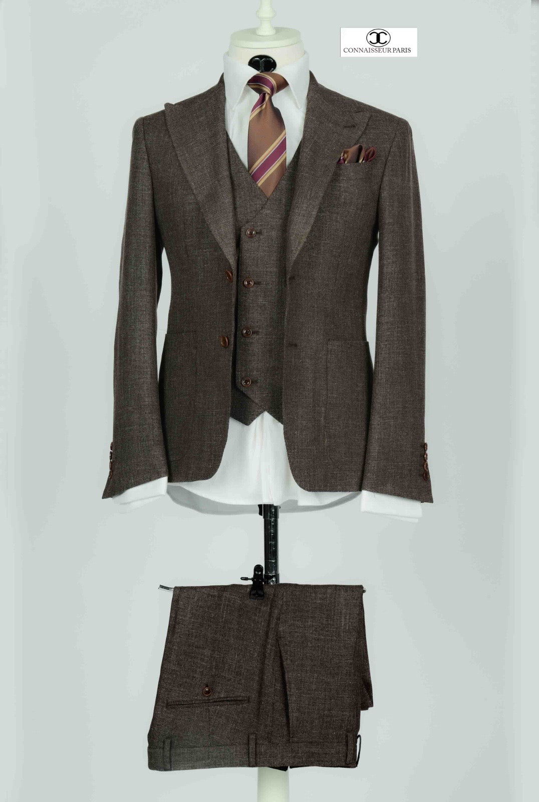 Cerruti - Brown luxury tweed 3-piece slim fit suit with patch pockets and double breasted vest