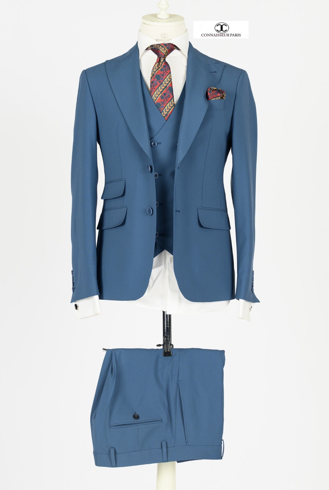 Lanificio Connaisseur - Turquoise 3-piece slim fit suit with double breasted vest