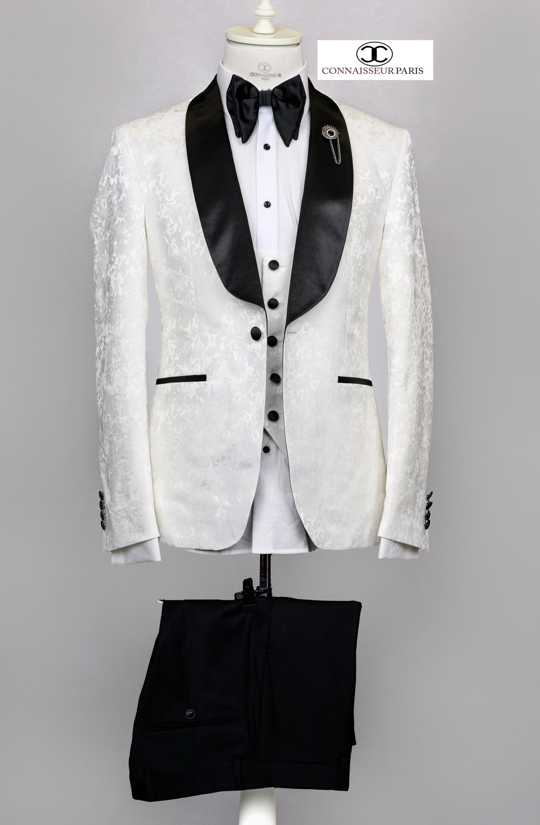 Connaisseur - Ivory off white camo pattern 3-piece slim fit tuxedo with U vest