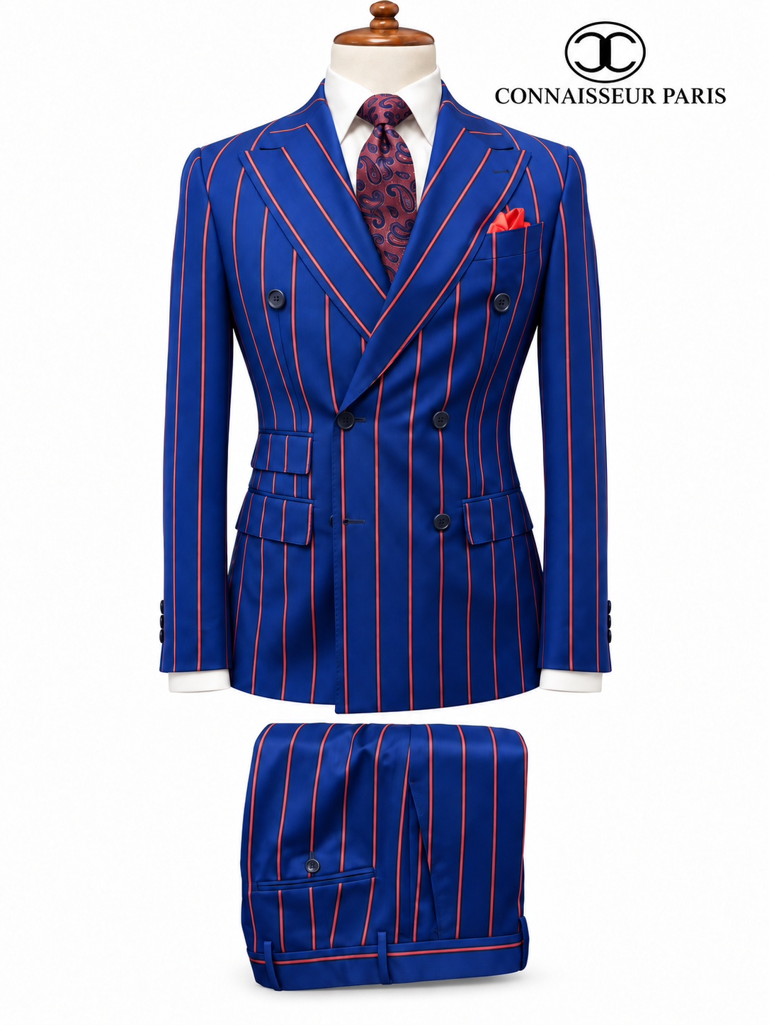 Vitale Barberis - Royal Blue with salmon stripes Double Breasted Slim Fit 2-Piece Suit with wide lapel