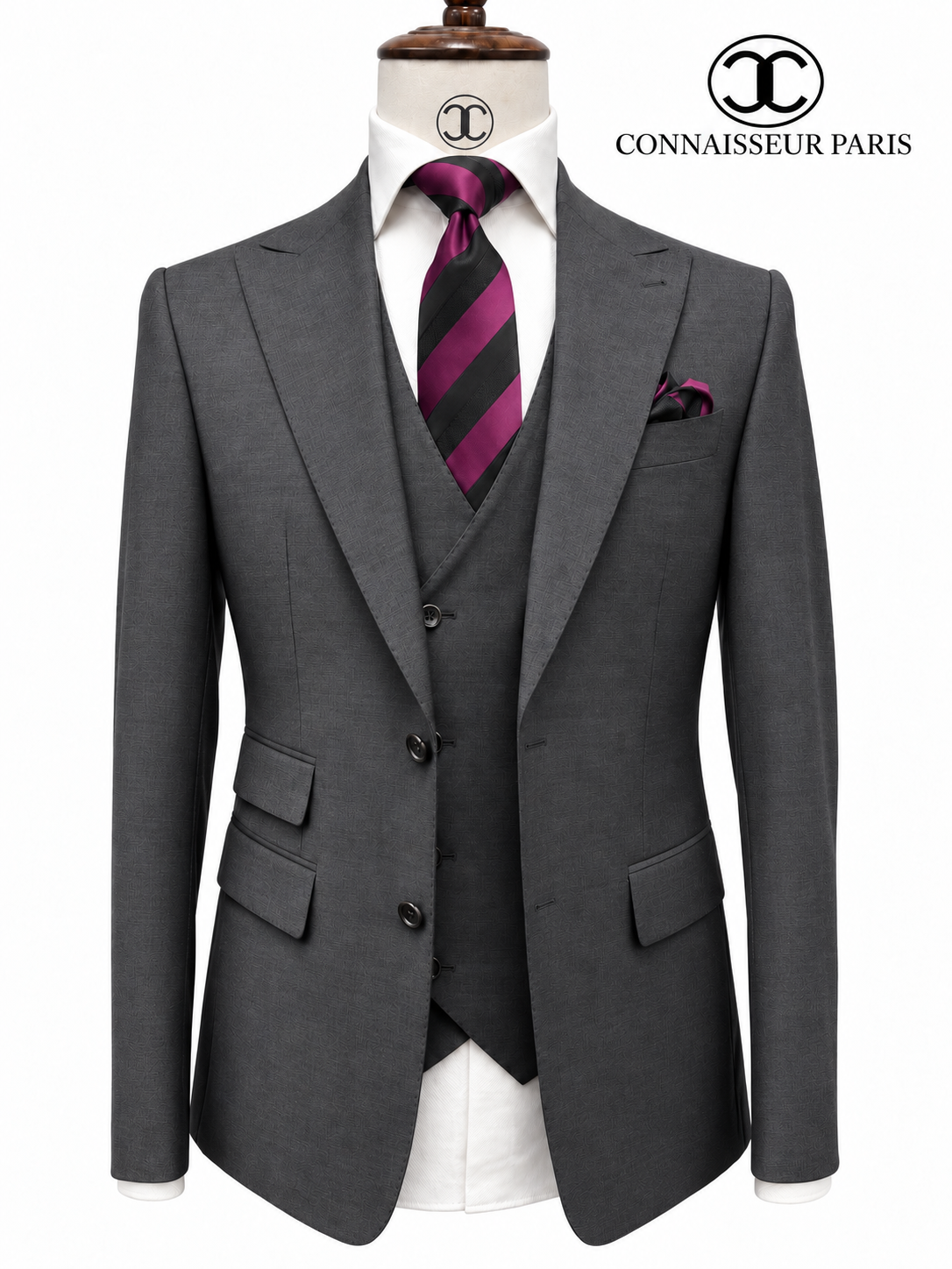 Lanificio Connaisseur - Charcoal grey 3-piece slim fit suit with double breasted V vest