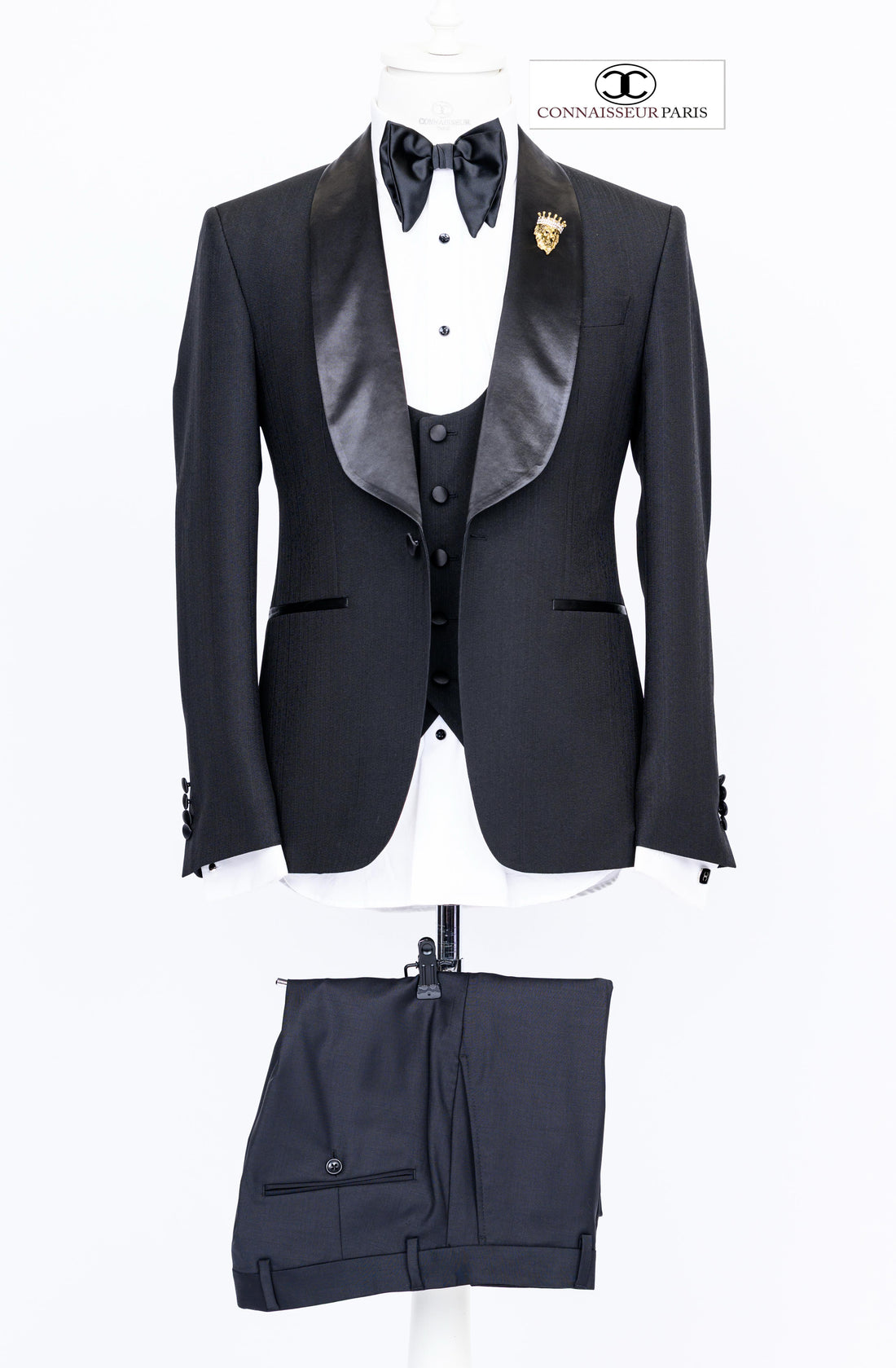 Connaisseur - Ivory white jacquard striped pattern 3-piece slim fit tuxedo with satin lapel