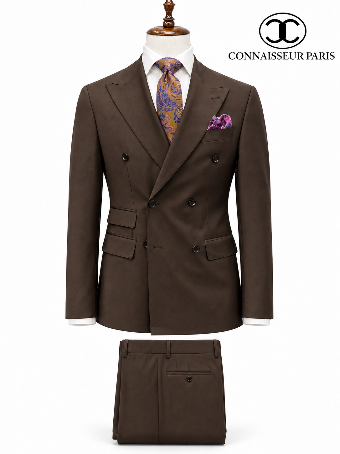 Lanificio Connaisseur - Coffee Brown Classic Double Breasted Slim Fit 2-Piece Suit with wide lapel