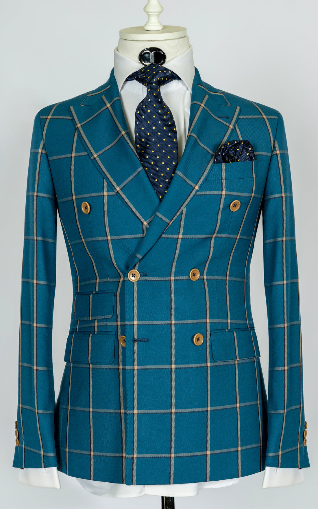 Tollegno - Turquoise with brown and blue windowpane double breasted 2-piece slim fit suit